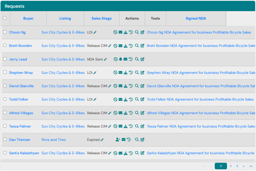 Requests widget on the Vertica CRM dashboard listing new Data Room requests from buyer inquiries