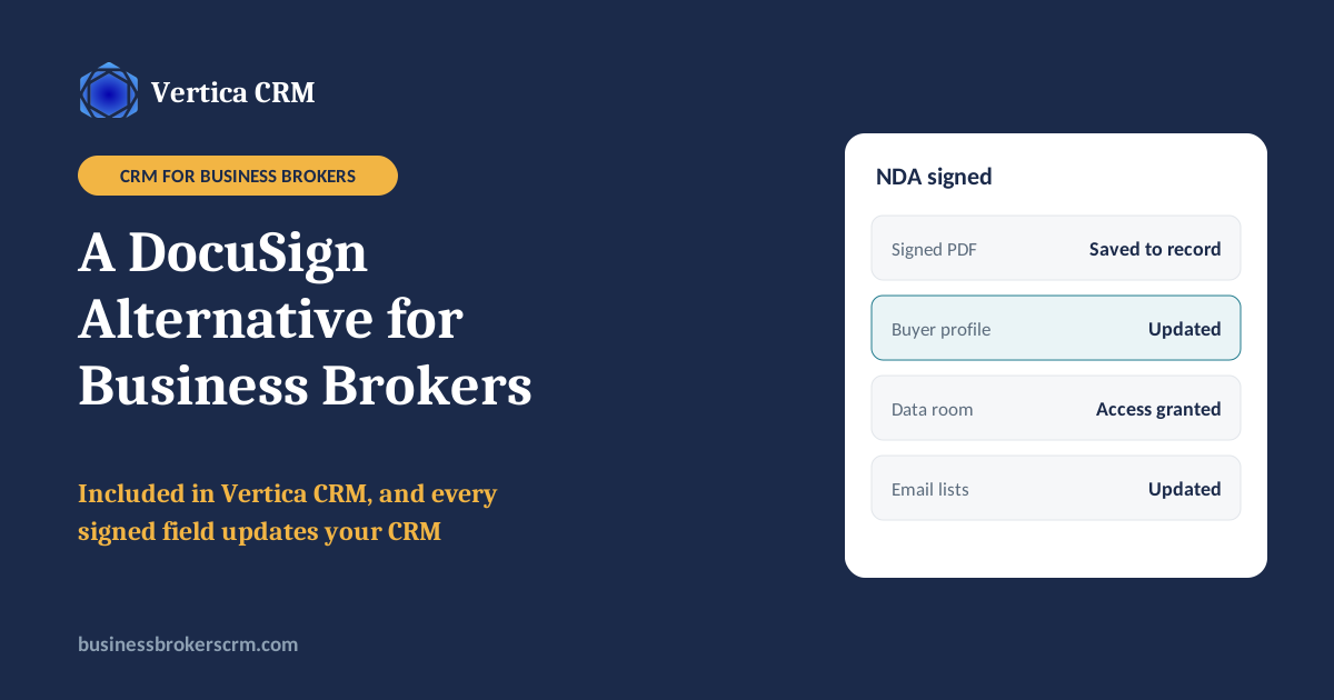 A DocuSign alternative for business brokers: included in Vertica CRM, and every signed field updates your CRM