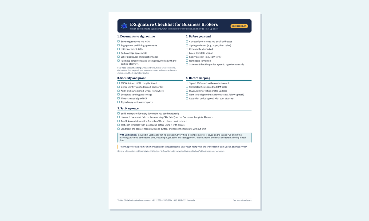 Preview of the free E-Signature Checklist for Business Brokers