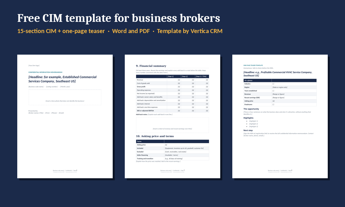 Free CIM template for business brokers by Vertica CRM: cover page, financial summary page and one-page teaser template