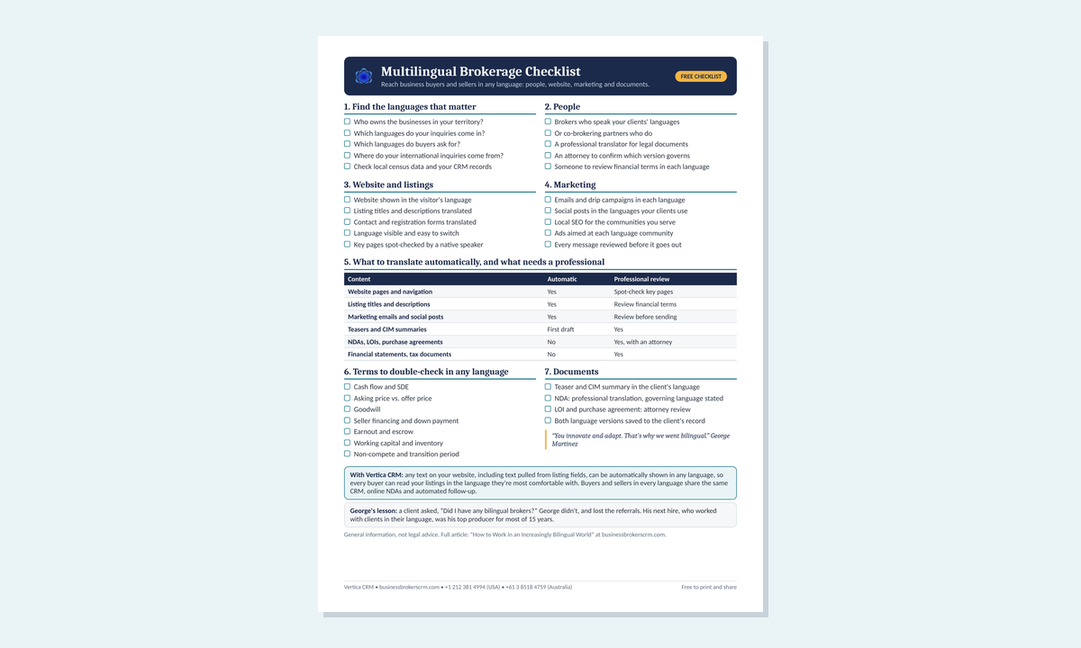 Preview of the free Multilingual Brokerage Checklist